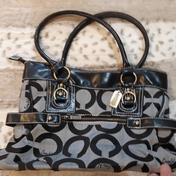 Coach Signature Black Canvas Leather Satchel Bag - Picture 3 of 9